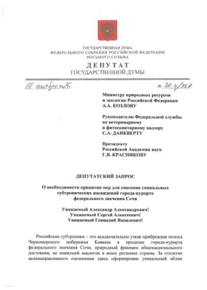 Константин Затулин: ДЕПУТАТСКИЙ ЗАПРОС. О необходимости принятия мер для спасения уникальных субтропических насаждений города-курорта федерального значения Сочи