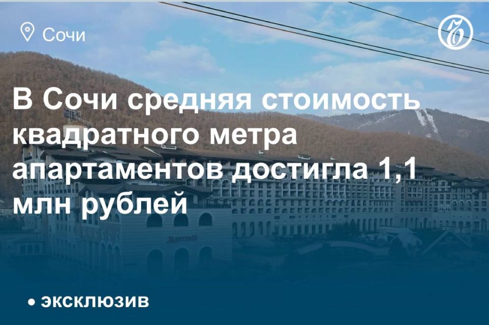 Средняя стоимость квадратного метра в сегменте апартаментной недвижимости на рынке Сочи достигла 1,1 млн руб