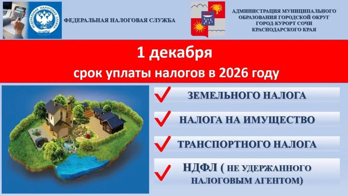 Уплатить имущественные налоги необходимо в срок не позднее 1 декабря